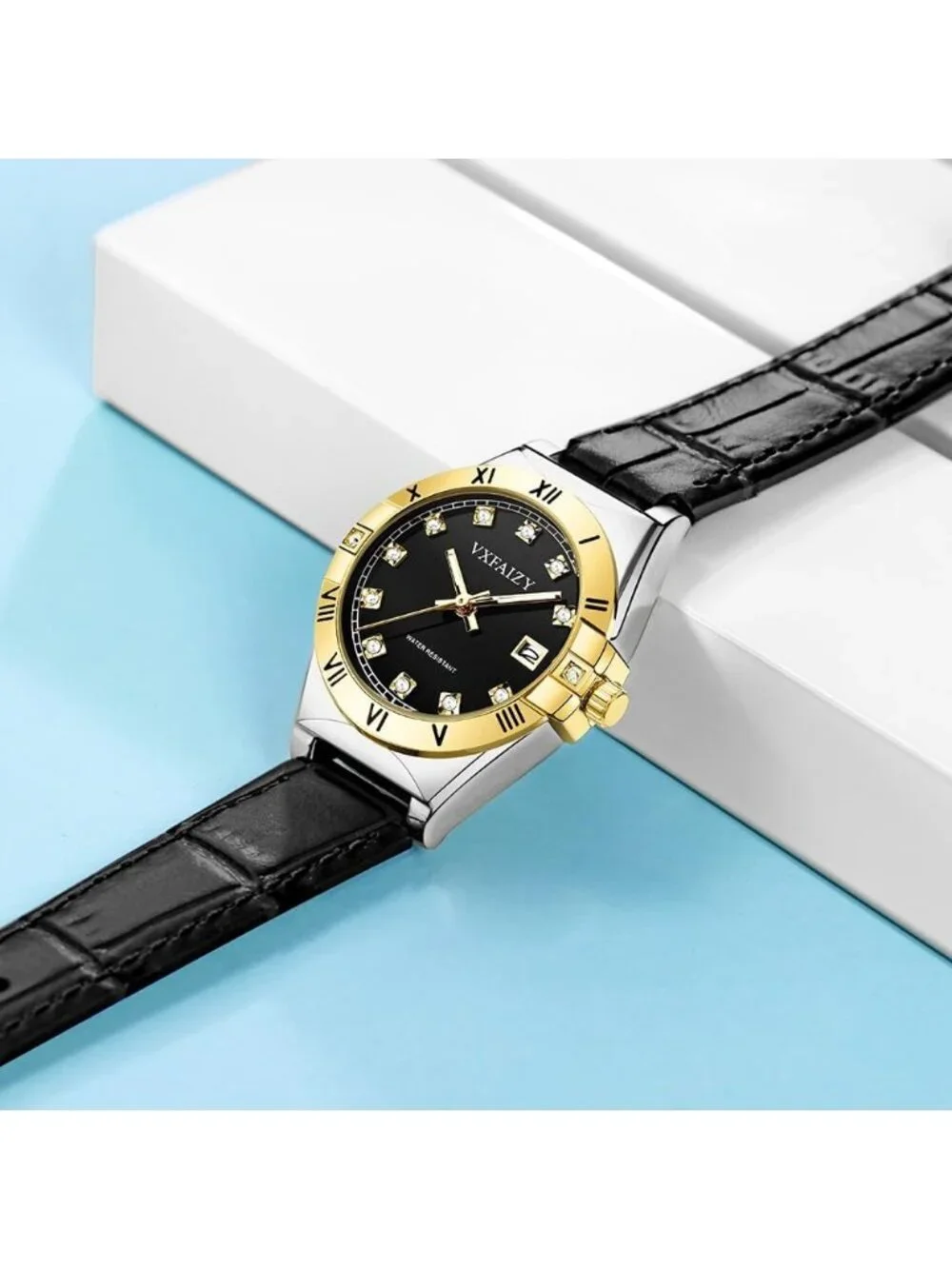 Women's Silver Black Crystal Diamond Dial Genuine Leather Strap Wrist Watches
